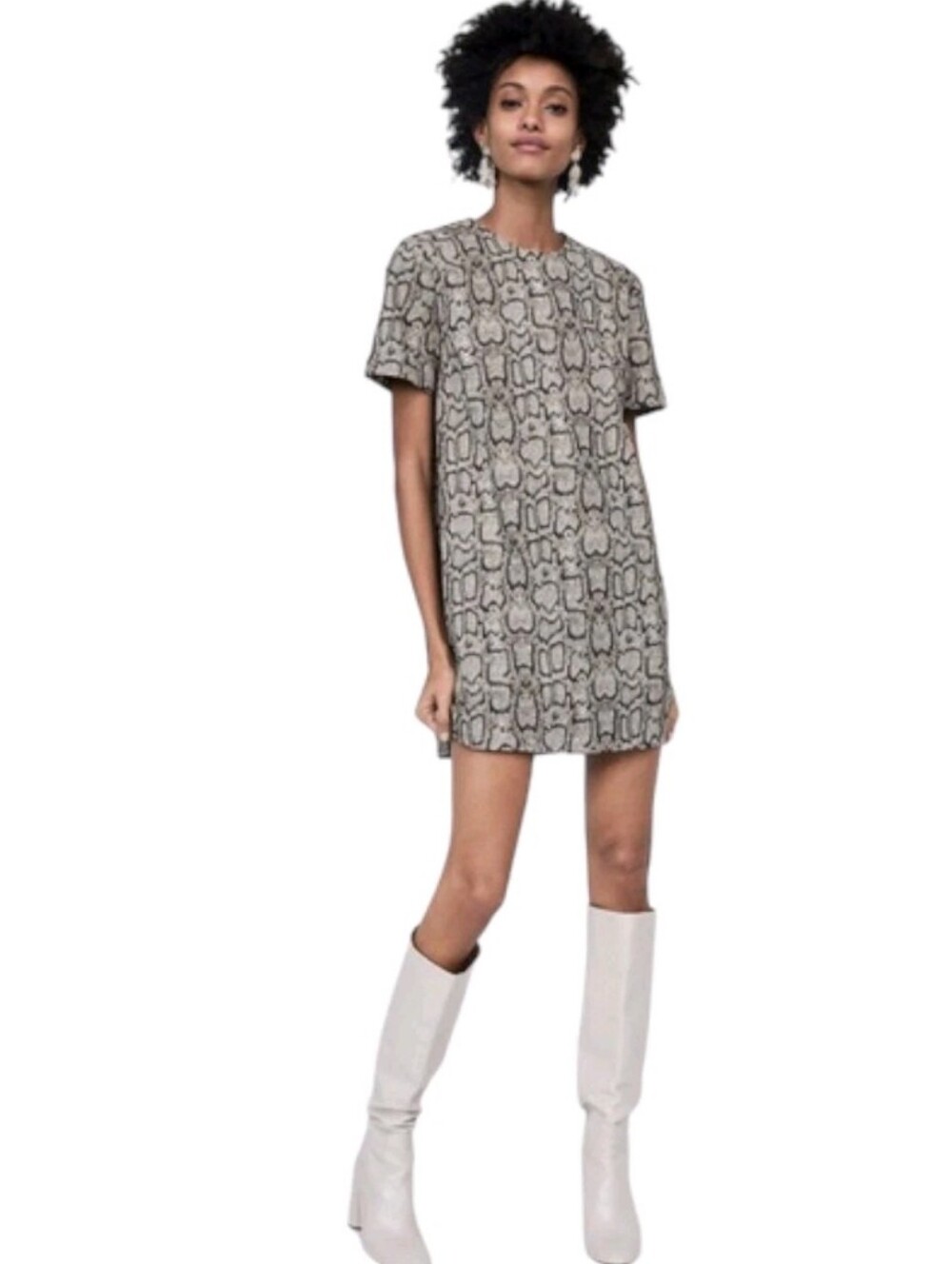 Zara Snake Print Textured Short Sleeve Shift Dress
